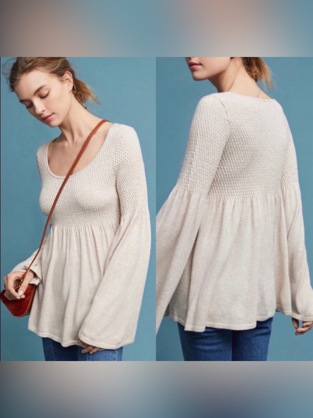 Anthropologie Knitted & Knotted Esme Bell Sleeve Babydoll Sweater Top cream XS